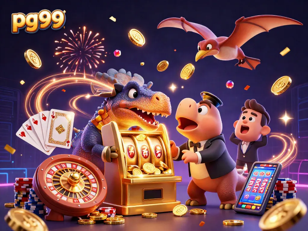 pg99 jackpot celebration with a cartoon dinosaur, casino elements, and gleaming coins