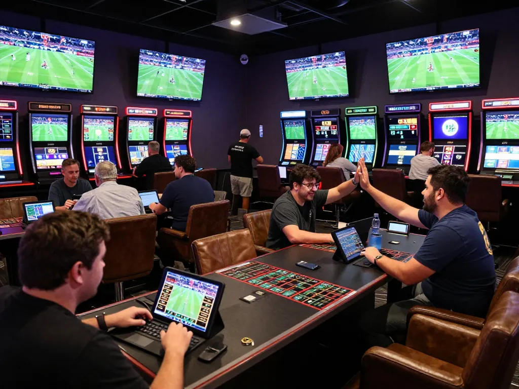 Okwintv users engaged in live sports betting with vibrant screens and excited atmosphere