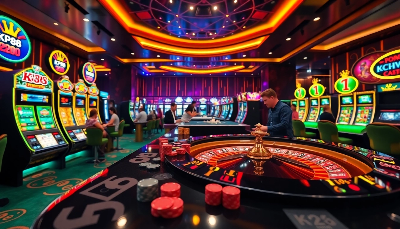 Excited players at KP88 enjoying vibrant slot machines and a live roulette table.