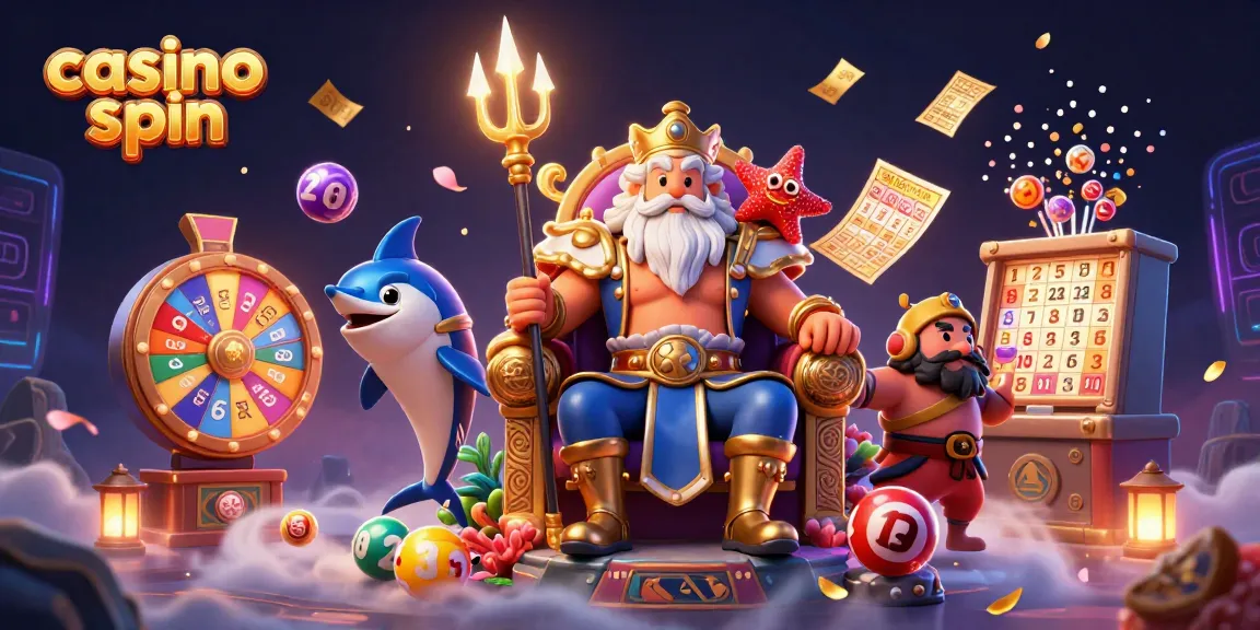 Engage in thrilling casino spin adventures with Neptune and his friends amidst vibrant game elements.