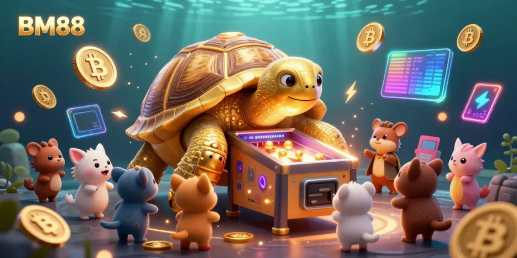 Engage with BM88 through an ultra-detailed 3D illustration featuring playful tortoise and vibrant crypto elements.