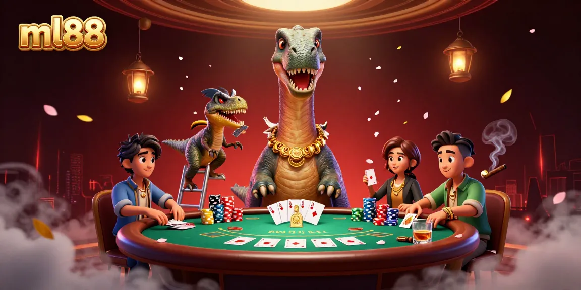 Engage with thrilling ml88 poker action featuring a dinosaur dealer and vibrant casino elements.