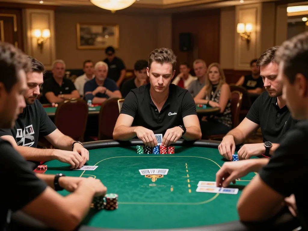 A tense poker game at max 79 casino, showing players strategizing with chips stacked high.