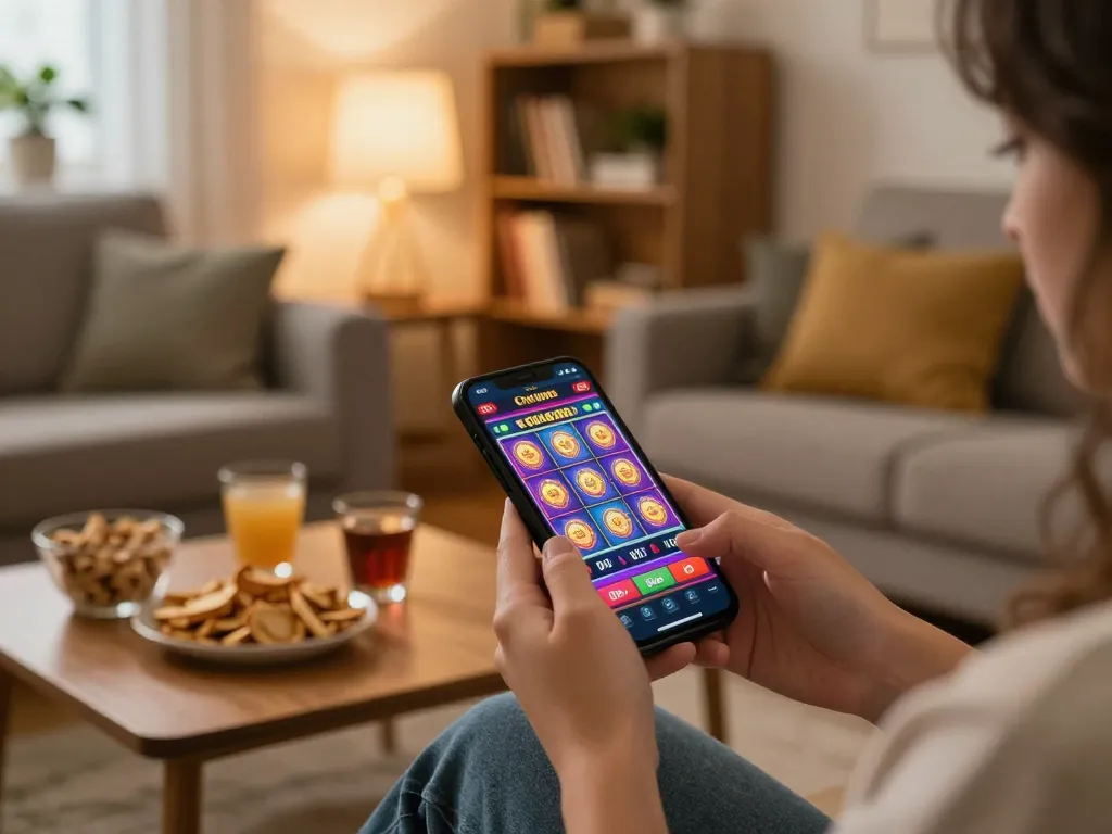 Mobile play with vibrant online casino app on smartphone, inviting home atmosphere.