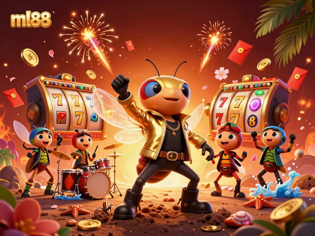 Engage with ml88's vibrant online casino scene featuring a cicada rock star and dazzling slot reels.