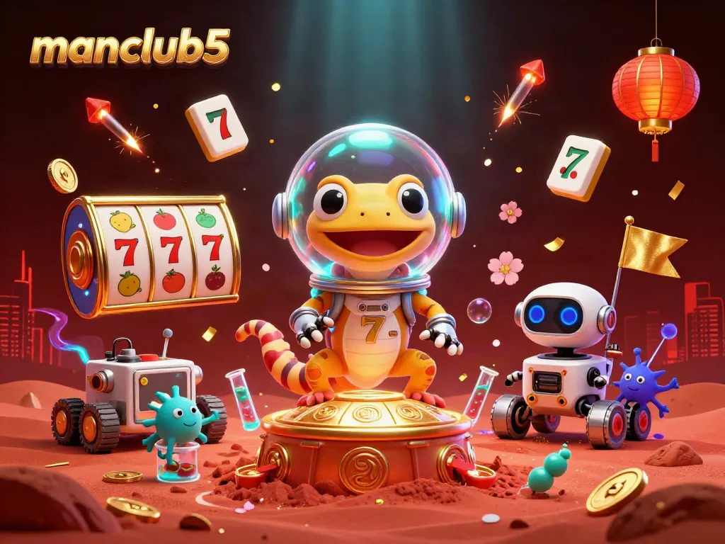 Experience excitement at manclub5 with a Martian gecko and golden casino amidst vibrant gaming elements.