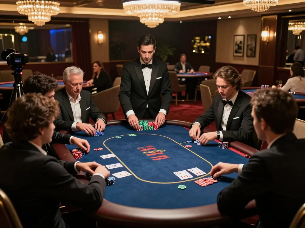 Para pemain terlibat dalam permainan poker berisiko tinggi di area bermain VIP elegan Higgs777, menampilkan strategi dan kegembiraan.