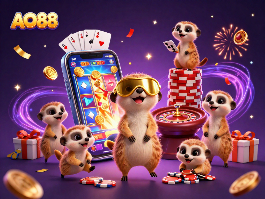 Engage in thrilling AO88 casino adventures with meerkat characters in a colorful, dynamic setting.