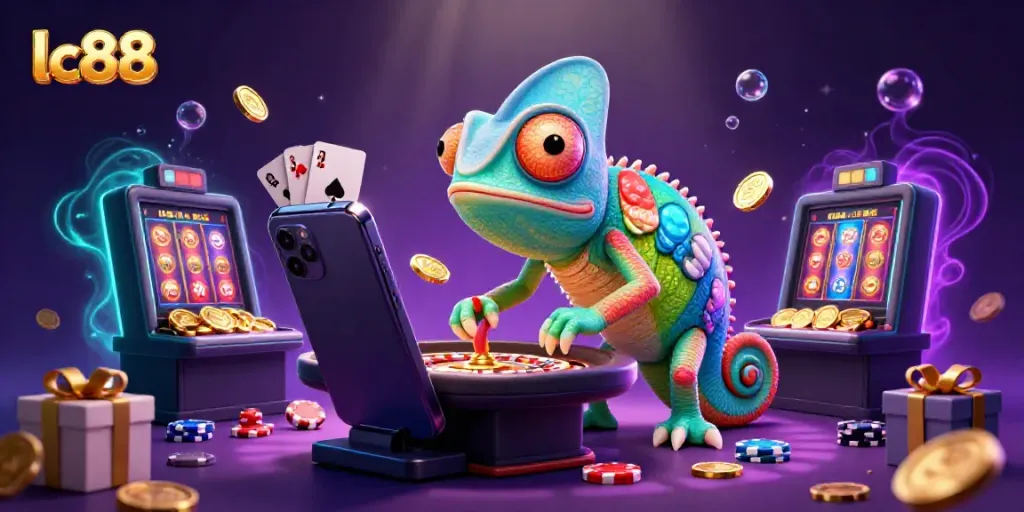 Engage with lc88's vibrant casino world through an enormous chameleon that playfully captures golden coins.