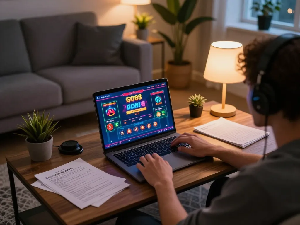 Person playing go88 online casino on a laptop at home, showcasing a cozy gaming environment.
