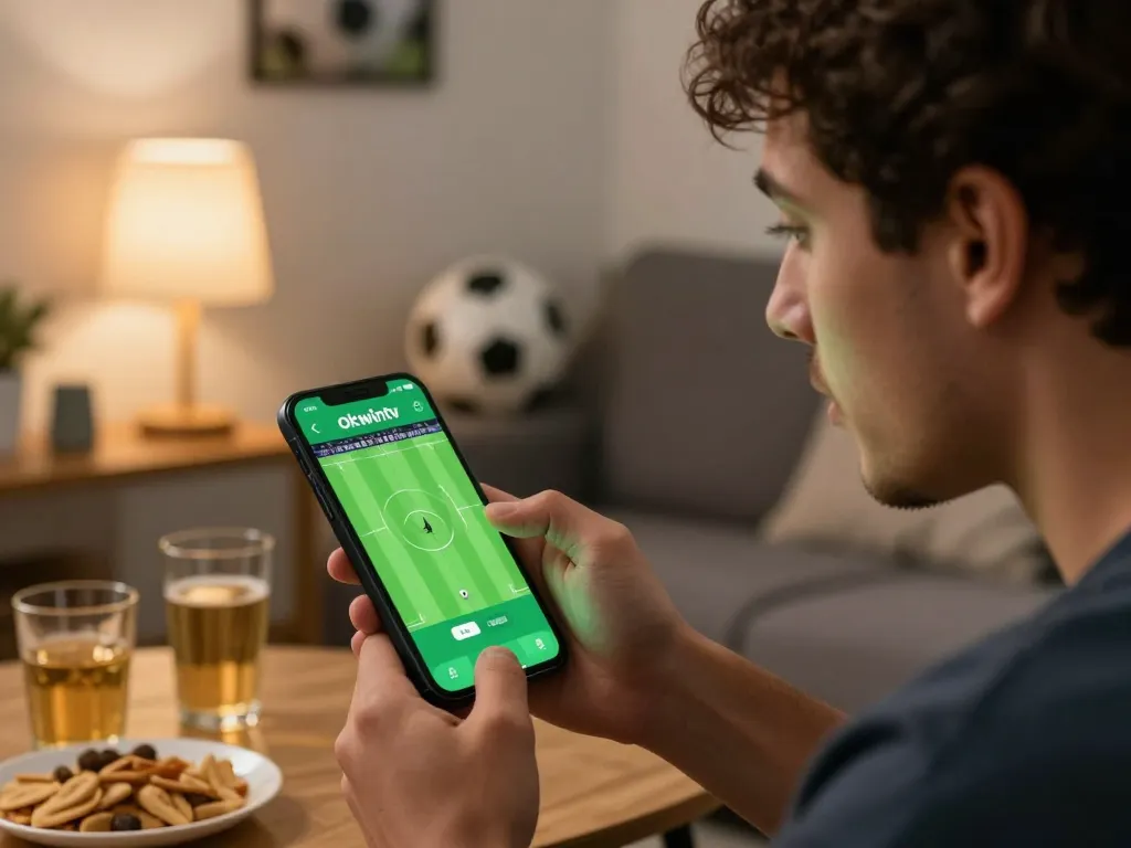 Engaged user betting on Okwintv while watching a live soccer game on their smartphone.