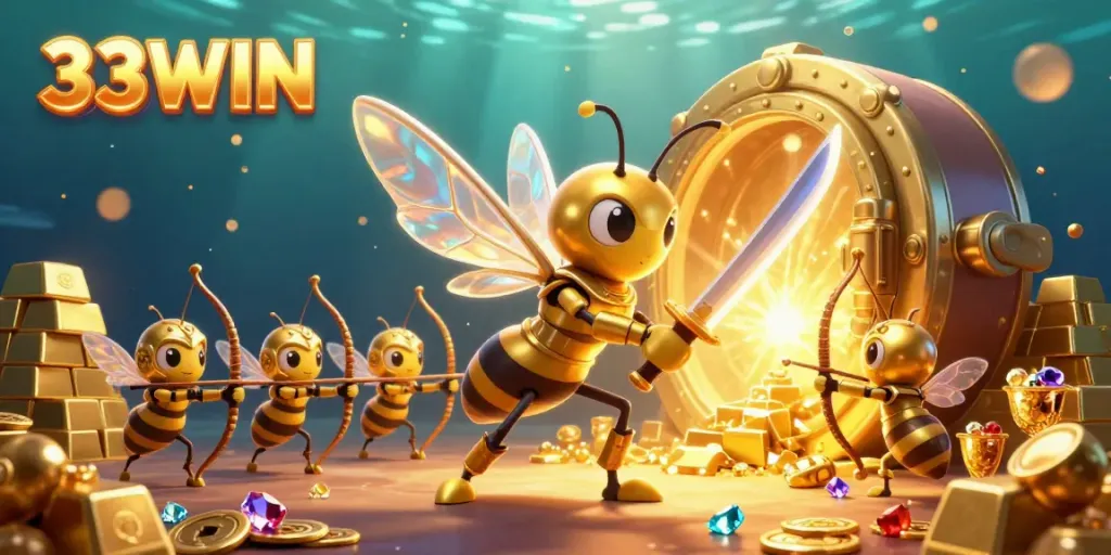Experience thrilling wins with 33WIN's vibrant online gaming scene filled with golden treasure.