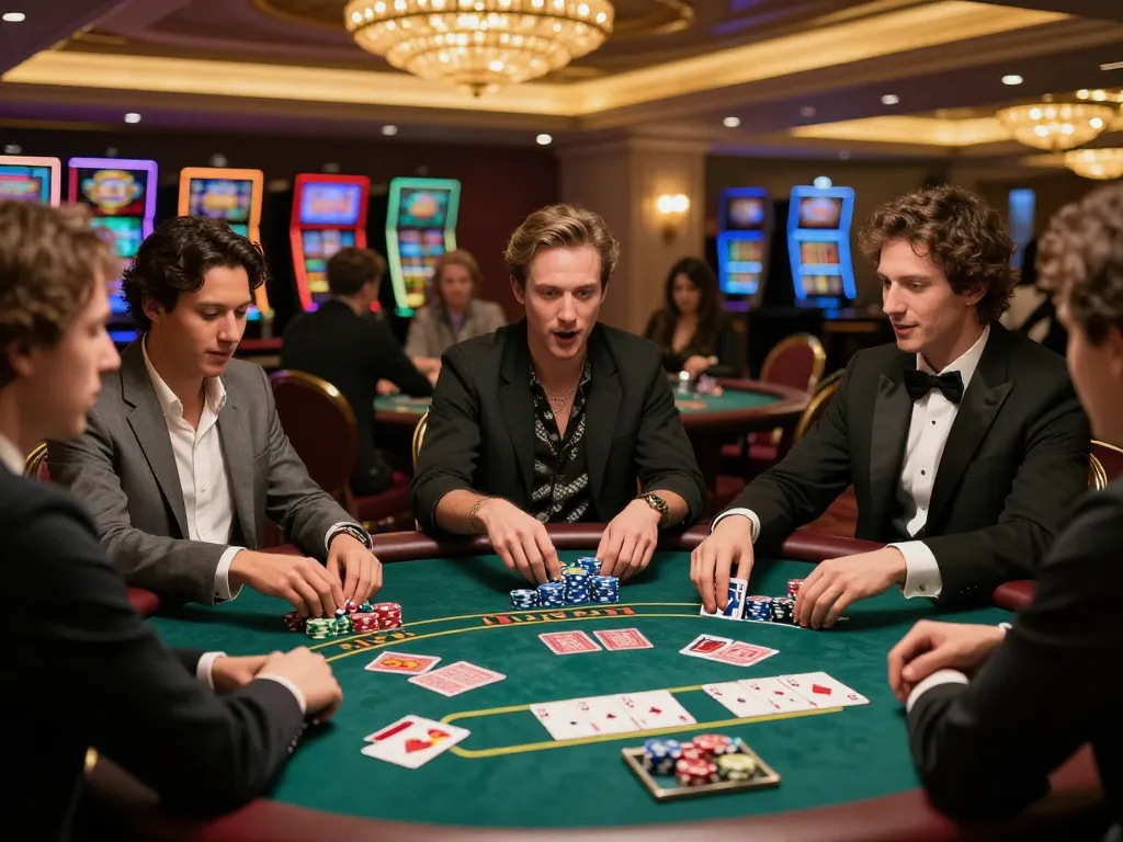 Man88 players experiencing thrilling poker victory at upscale casino with vibrant atmosphere.
