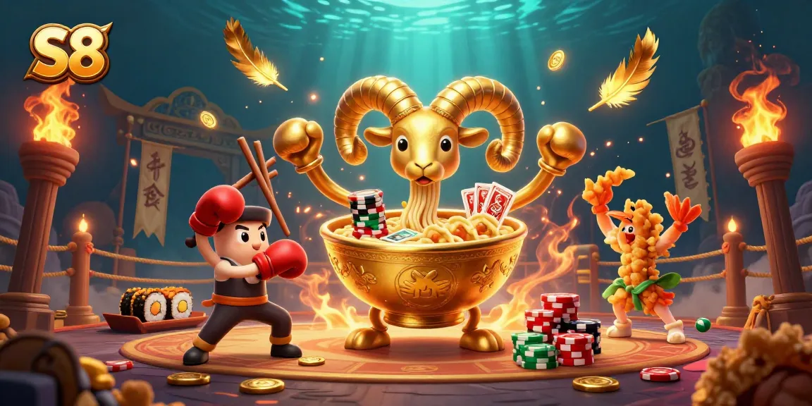 S8 casino experience with a golden ramen bowl character dealing cards, supported by sushi and gyoza figures.