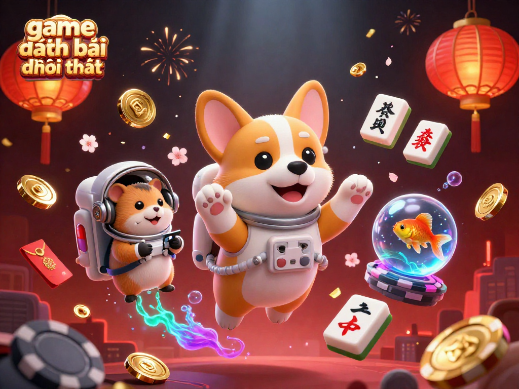 Experience the thrill of game đánh bài đổi thưởng in a vibrant, floating casino space scene.
