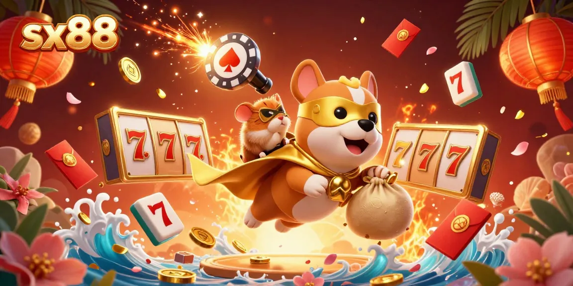 Sx88 casino illustration showcasing a superhero dog and hamster amidst floating slot reels and festive elements.