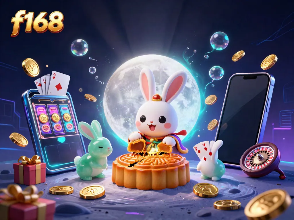 Experience f168 slots and games with a lively 3D illustration showcasing the moon rabbit theme.