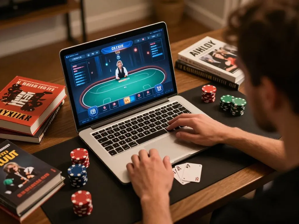 Engaged player exploring 789bet poker strategy from home setup.