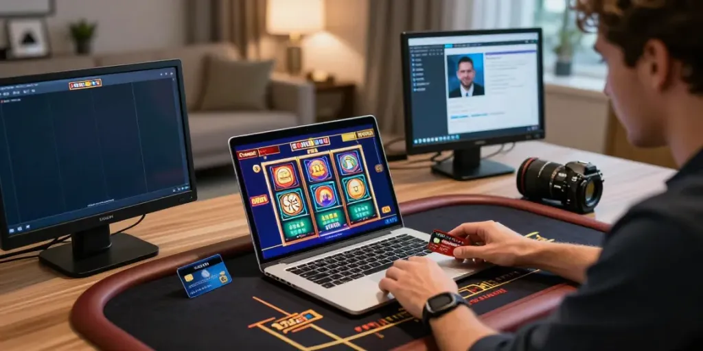 Engaging scene of a player at online credit card casinos enjoying vibrant games on a laptop.