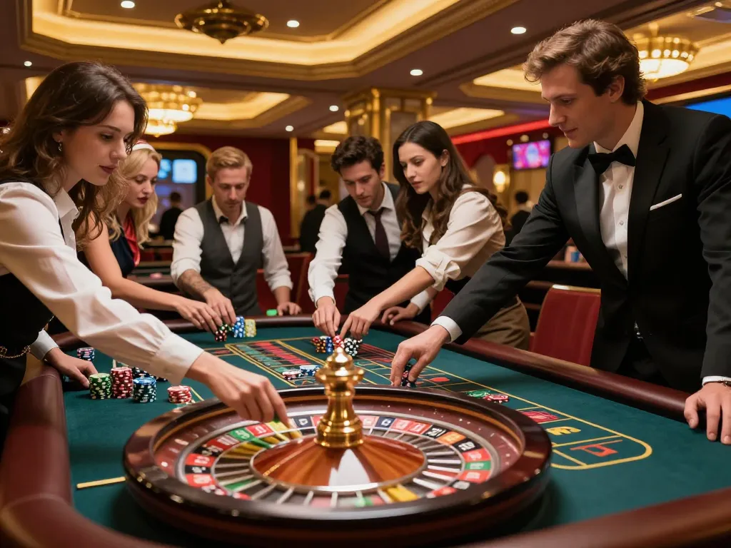 Players at MM88 casino engaged in intense roulette action under warm lighting atmosphere