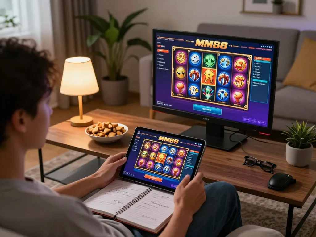 Player enjoying the MM88 casino app on a tablet at home, showcasing vibrant slot gameplay.