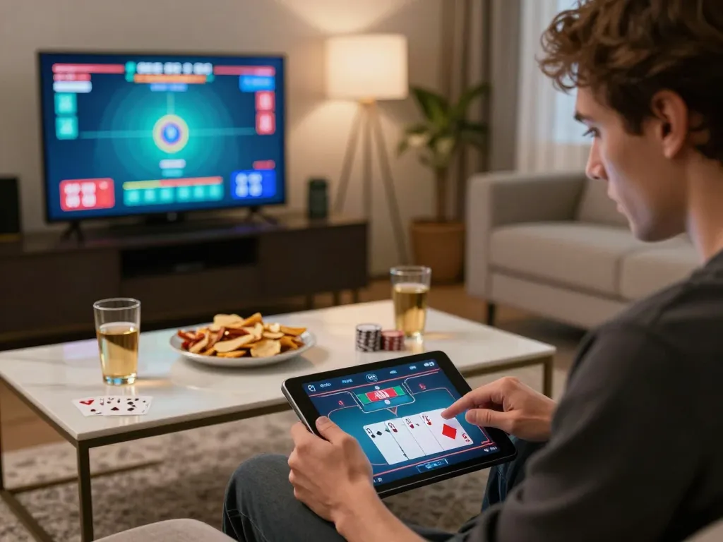 Engaging in high-stakes poker gameplay on 789club with modern setup and snacks.