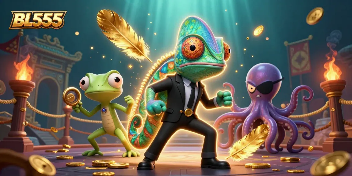 Experience thrilling wins at BL555 with animated characters in an action-packed casino scene.