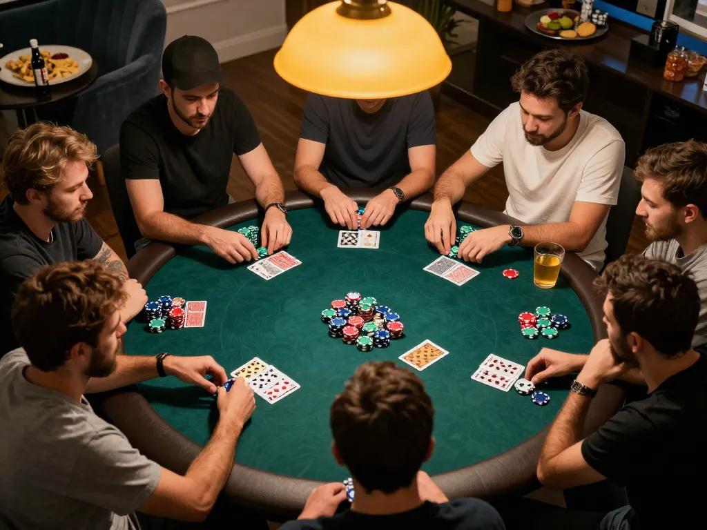 Rr88 dang nhap during a lively home poker night with friends, showcasing strategic chip placements.