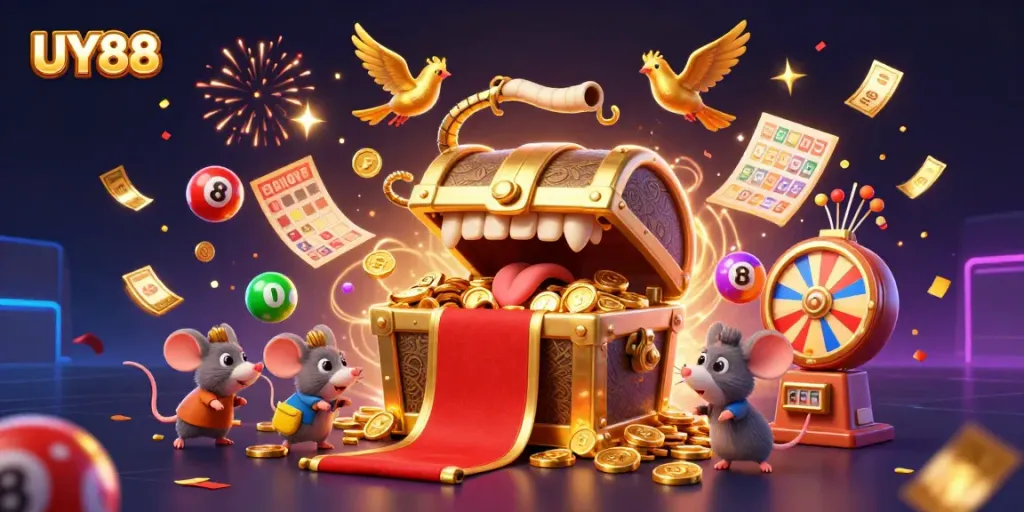 Experience thrilling UY88 casino excitement with a dynamic illustration showcasing adventure, fun, and winnings.
