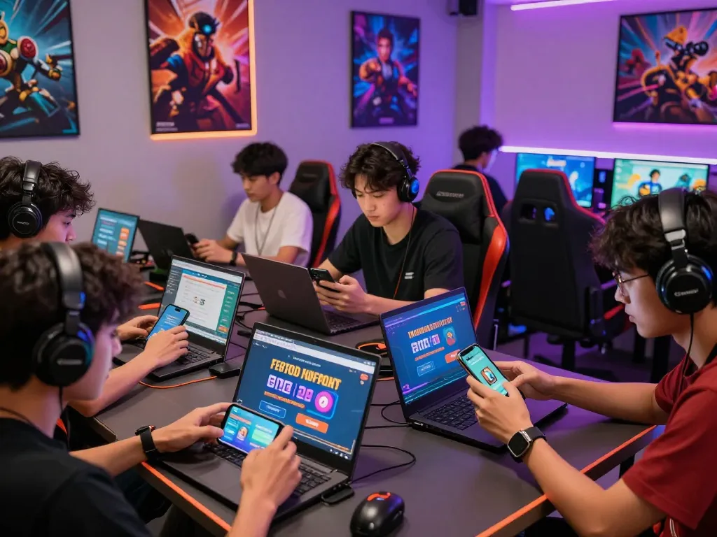 Excited players sharing JeetBangla referral bonus links in a vibrant gaming atmosphere.