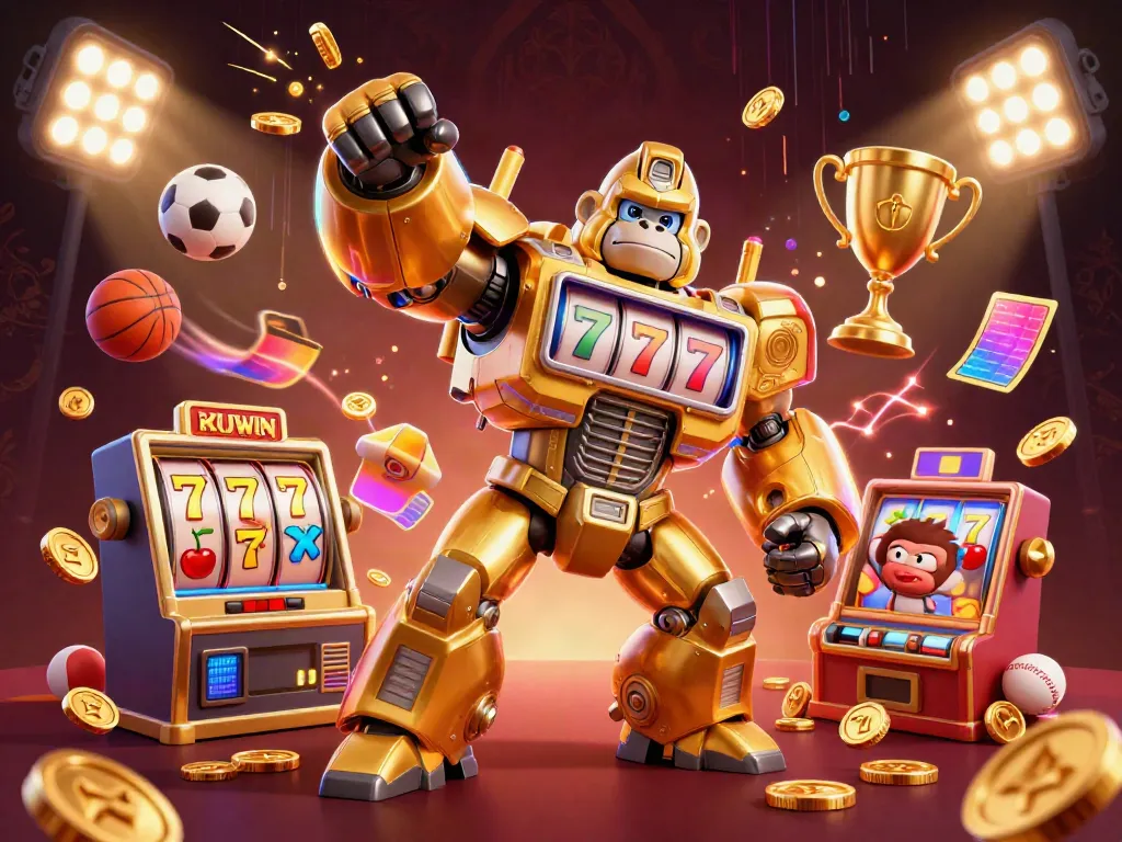 KUWIN presents an exhilarating 3D golden gorilla mech with slot machine features, launching coins and sports elements.