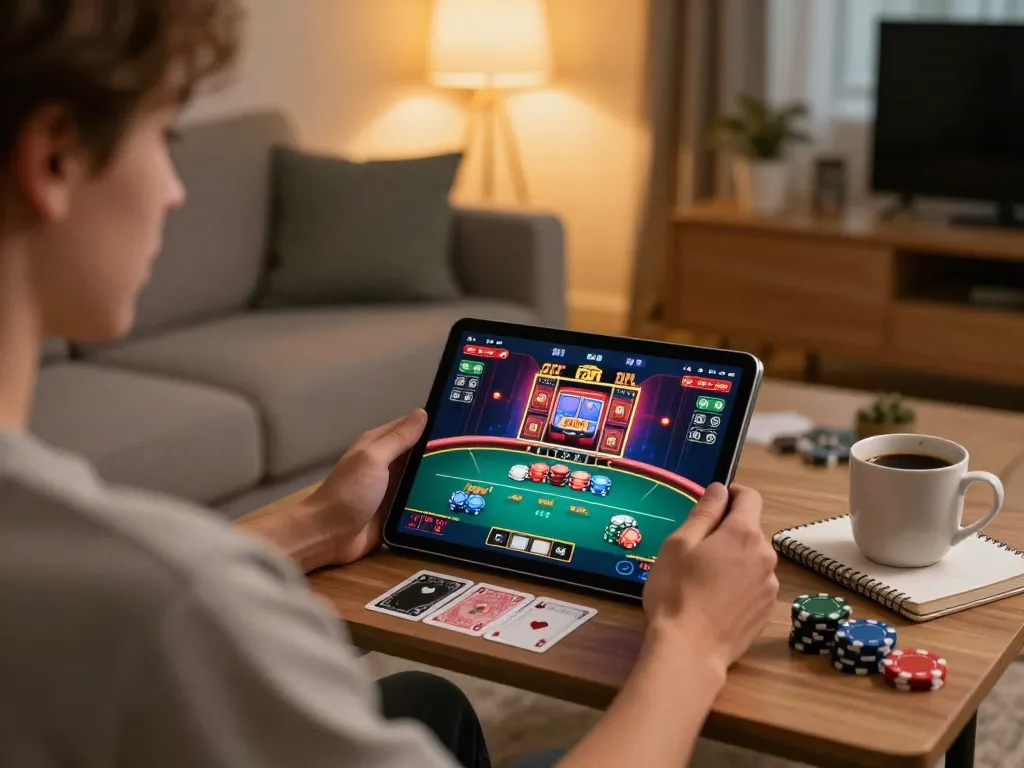 Engaging in online gambling at home, using a tablet for lc88 best gaming experience.