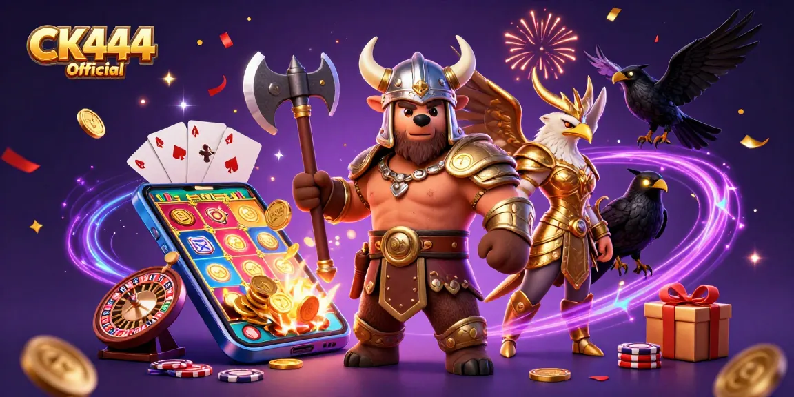 CK444 Official gaming experience featuring a vibrant Viking and Valkyrie in a dynamic casino setting.