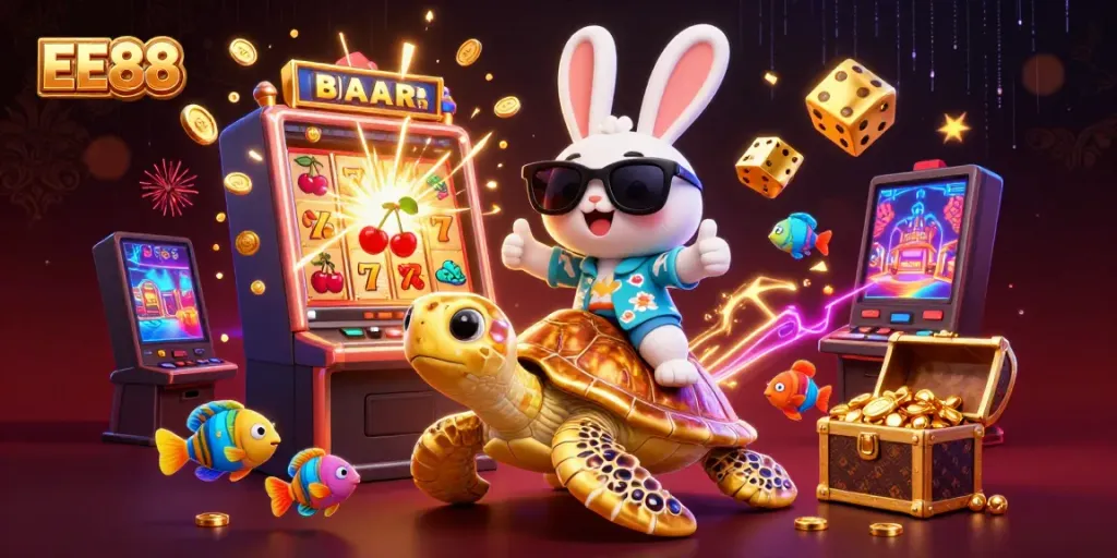 Experience thrilling wins with EE88's vibrant casino scene featuring a lucky rabbit and golden turtle.