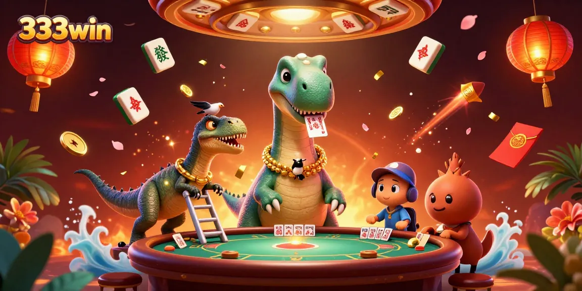 Engage with 333win at a vibrant casino scene featuring animated dinosaurs and festive gambling elements.