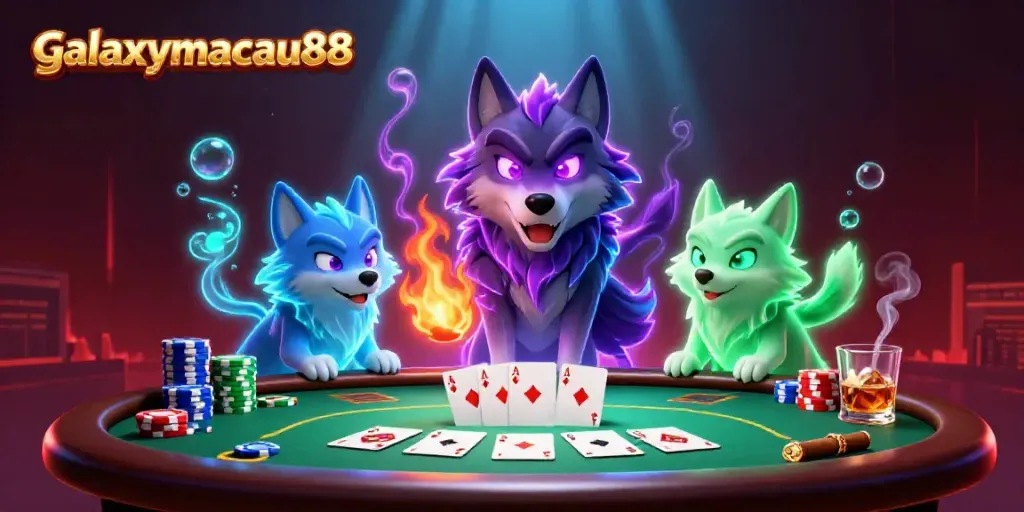 Experience the thrill of gambling at galaxymacau88 with a shadow wolf leader and poker elements.