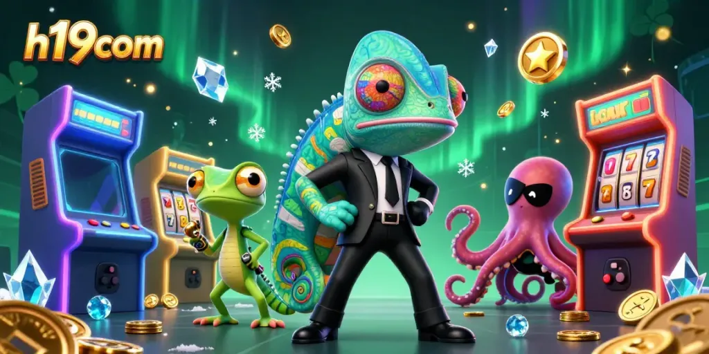 Engage in excitement at h19com with a vibrant 3D illustration of casino games highlighting the thrill of jackpots and colorful characters.