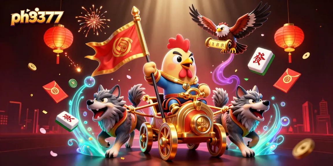 Engage with ph3377’s lively 3D casino world featuring a rooster warlord, golden elements, and festive symbols.