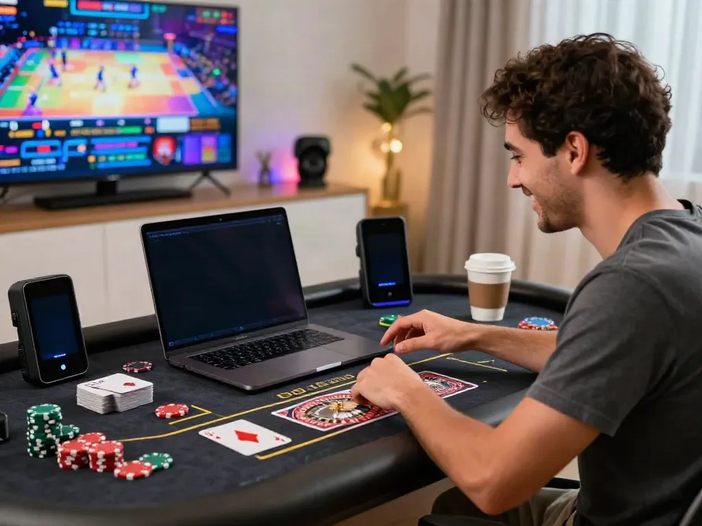Player enjoying credit card online casinos at home with laptop, gaming accessories, and warm atmosphere.