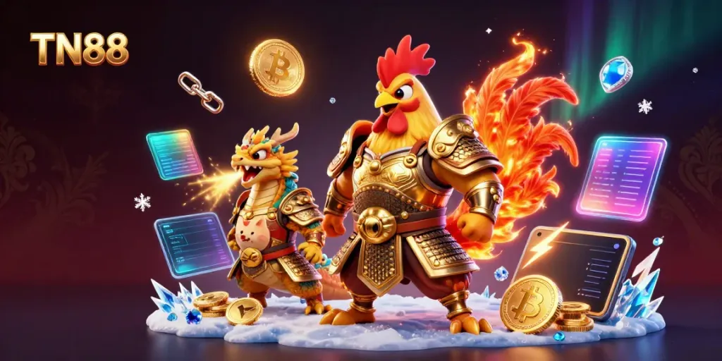 Experience thrilling casino action at TN88 with a dynamic illustration of a rooster warrior with a dragon, surrounded by crypto coins.