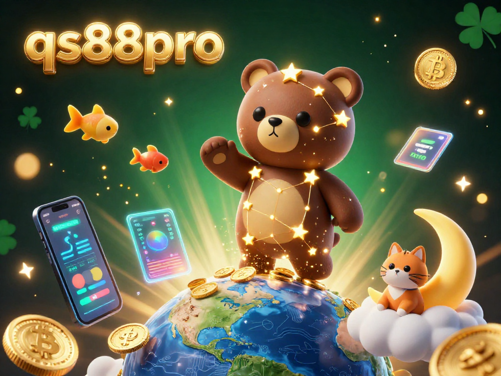 Play exciting games at qs88pro, where a constellation bear scoops coins amid vibrant crypto elements.