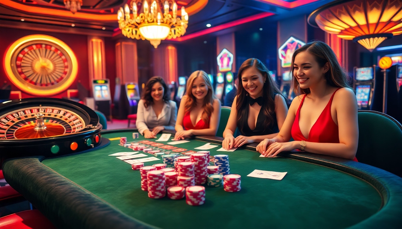 Experience the thrilling ambiance of 33Win's luxurious casino gaming scene with vibrant tables and dealers.