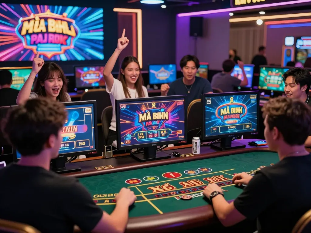 Diverse players enjoying games on trang chủ Onbet, showcasing excitement in a vibrant online casino atmosphere.