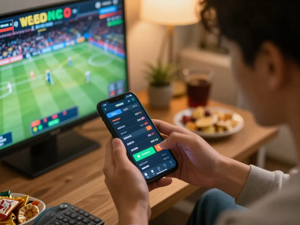 BL555 user placing a bet on a smartphone during live sports event, showcasing online gaming action.