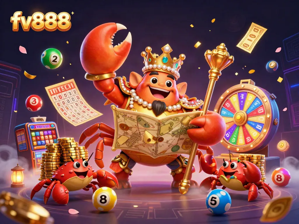 Spin the reels at FV888 with a golden crab emperor amidst colorful casino elements!