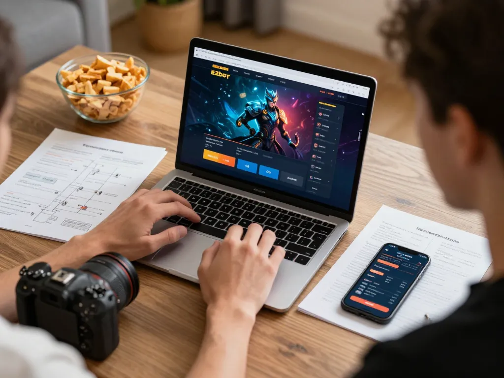 E2bet user placing a bet on a laptop, showcasing online gaming excitement in a cozy setting.