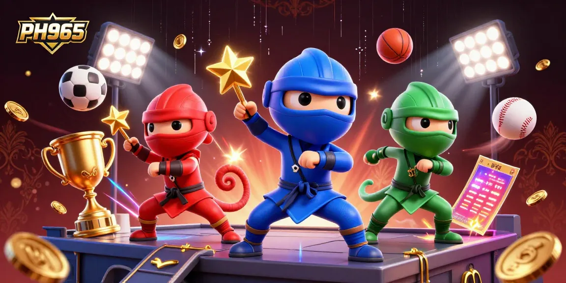 PH365 showcases a dynamic 3D ninja chameleon team amidst a vibrant casino atmosphere filled with games and sports