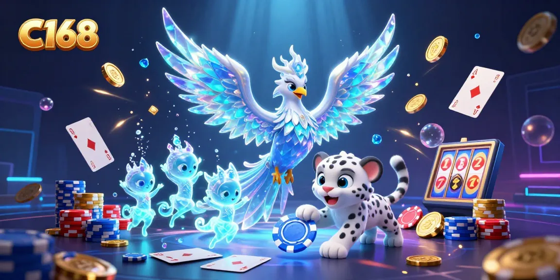 Engage with C168's vibrant casino scene, showcasing an ice phoenix and poker elements.