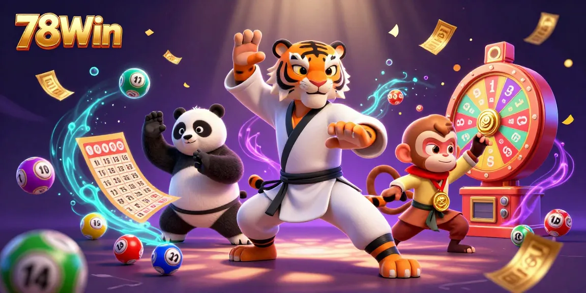 Experience thrilling gaming adventures with 78Win, featuring dynamic lottery balls and exciting casino characters.