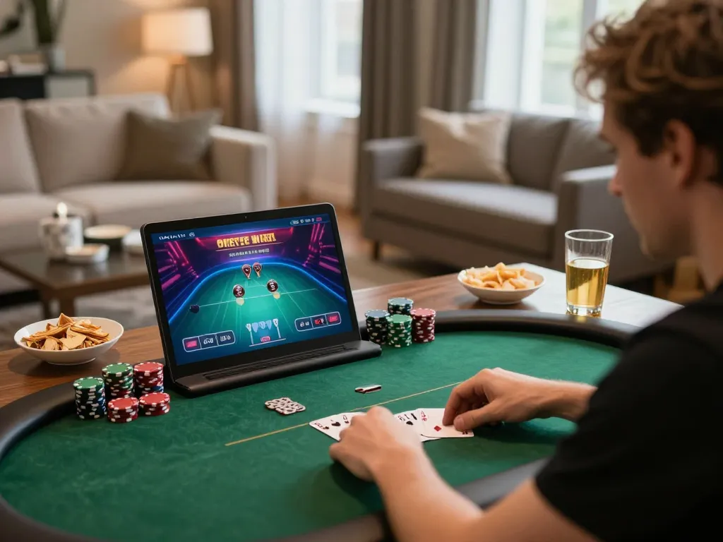 Player engaged in online poker gaming on laptop, highlighting s666 strategic gameplay